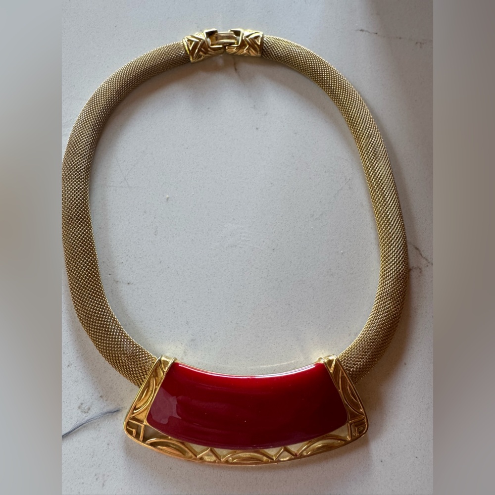 Monet Gold Mesh Necklace with Red Enamel Accent